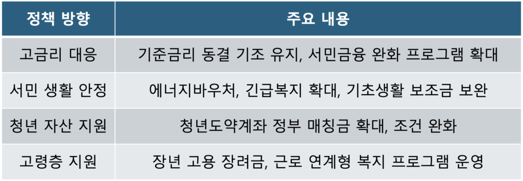 2025 경제정책 요약 도표 – 고금리 대응, 서민금융지원, 청년 자산 지원, 고령층 일자리 정책 등 핵심 키워드 정리