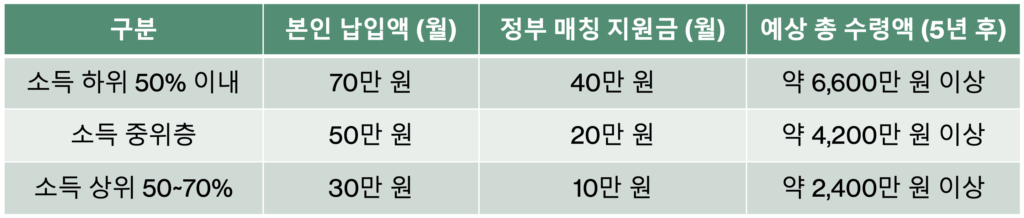 청년도약계좌 납입구조 요약표 – 월 납입액, 정부 지원 매칭 금액, 만기 수령액 예상