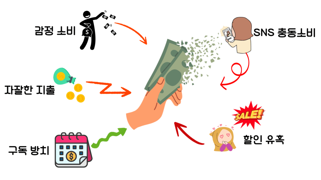 돈이 도망가는 5가지 소비 습관 – 감정 소비, 할인 중독, 구독 방치, SNS 비교, 자잘한 지출